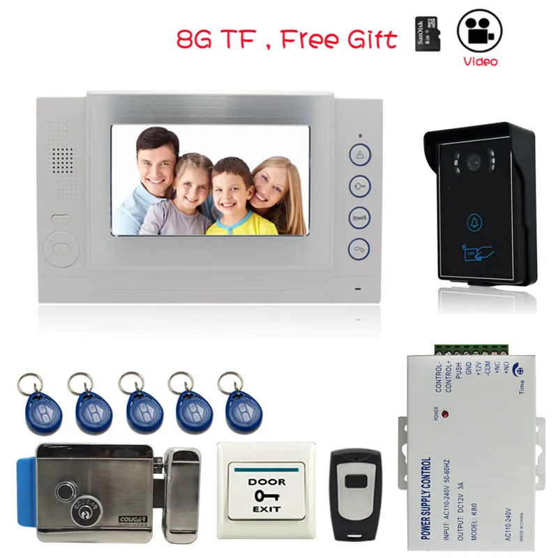 

7`` video doorphone intercom system video door phone access control system monitor video recording +EXIT BUTTON FREE SHIPPING