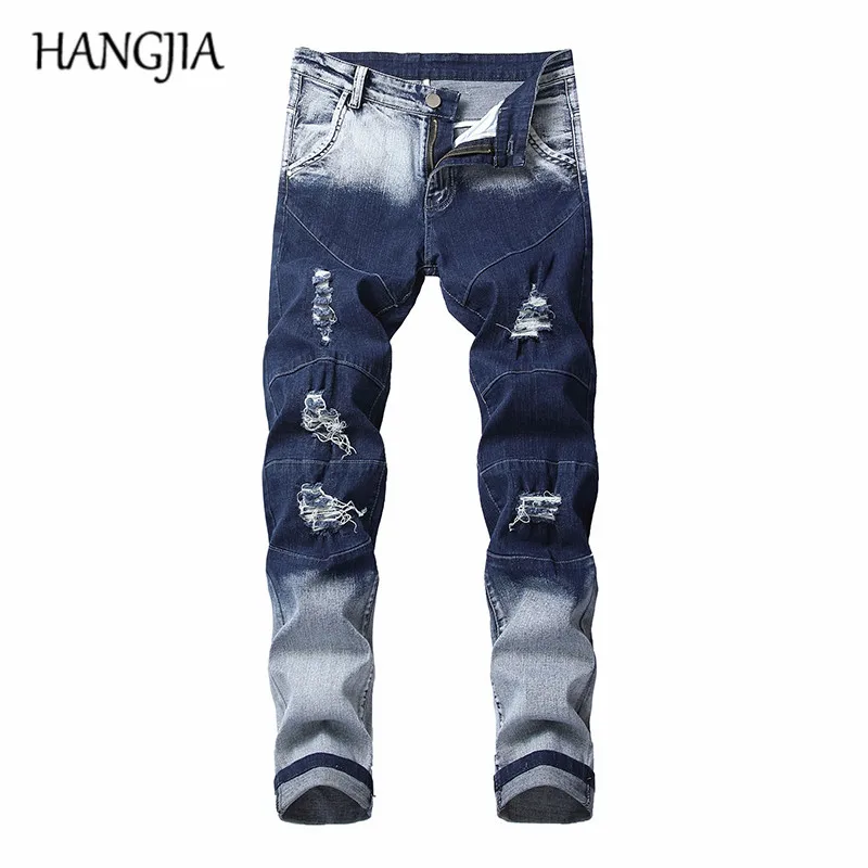 

Blue Ripped Jeans for Men Distressed Denim Trousers 2019 Mens Slim Fit Washed Destroyed Jeans Fashionable Straight Denim Pants