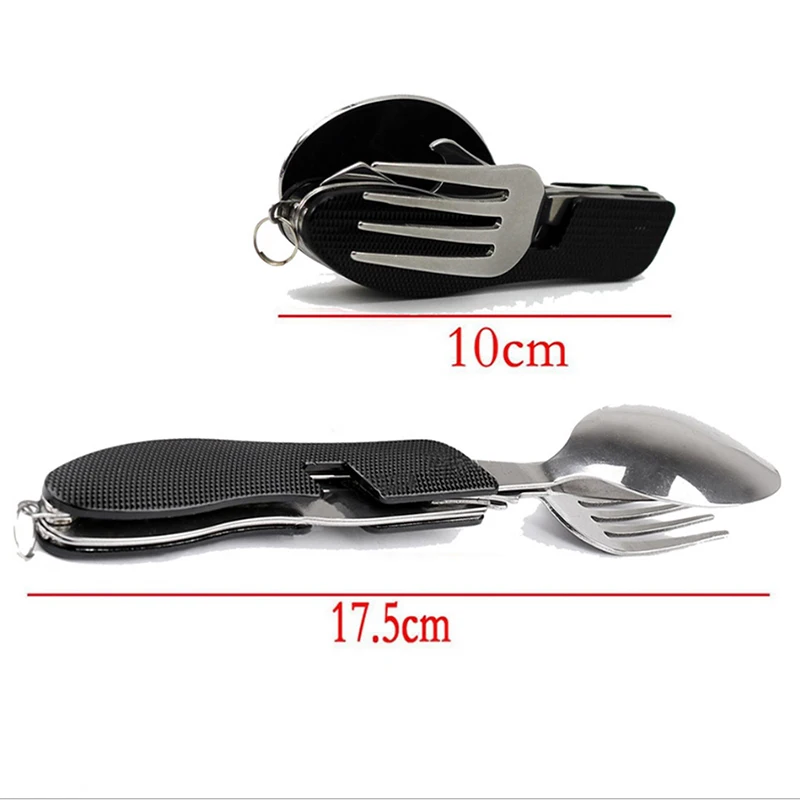 Mejor venta Multi-función de Camping al aire libre Picnic vajilla cuchillería de acero inoxidable 4 en 1 cuchara plegable cuchillo de tenedor y abrebotellas
