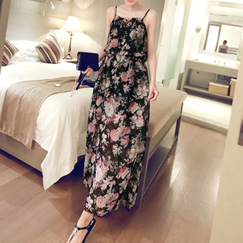 

Summer Women Boho Floral Printed Dresses Sexy Spaghetti Strap Dress Women 2019 Fashion Ladies Sleeveless Party Long Maxi Dress