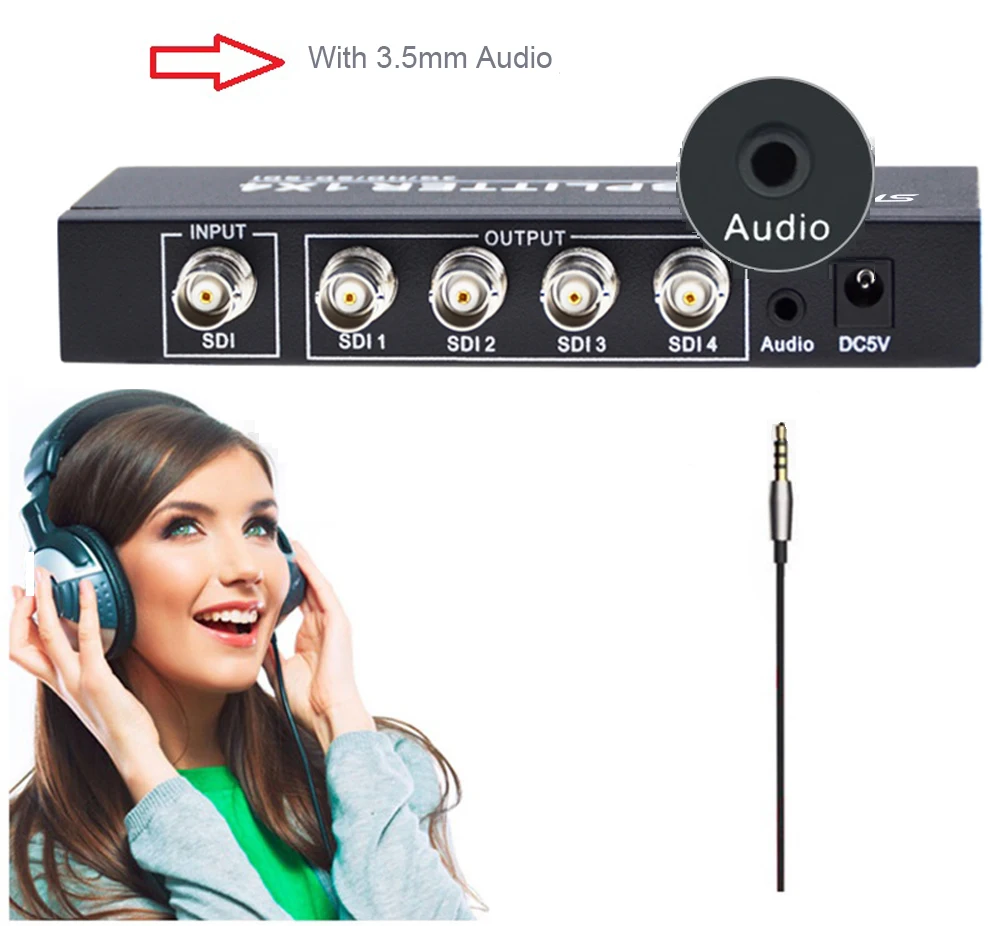 Aikexin SDI Splitter 1x4 with 3.5mm Aux Jack 4 Port SDI Splitter 1 input 4 output HD SDI Converter Support 1080p for Camera