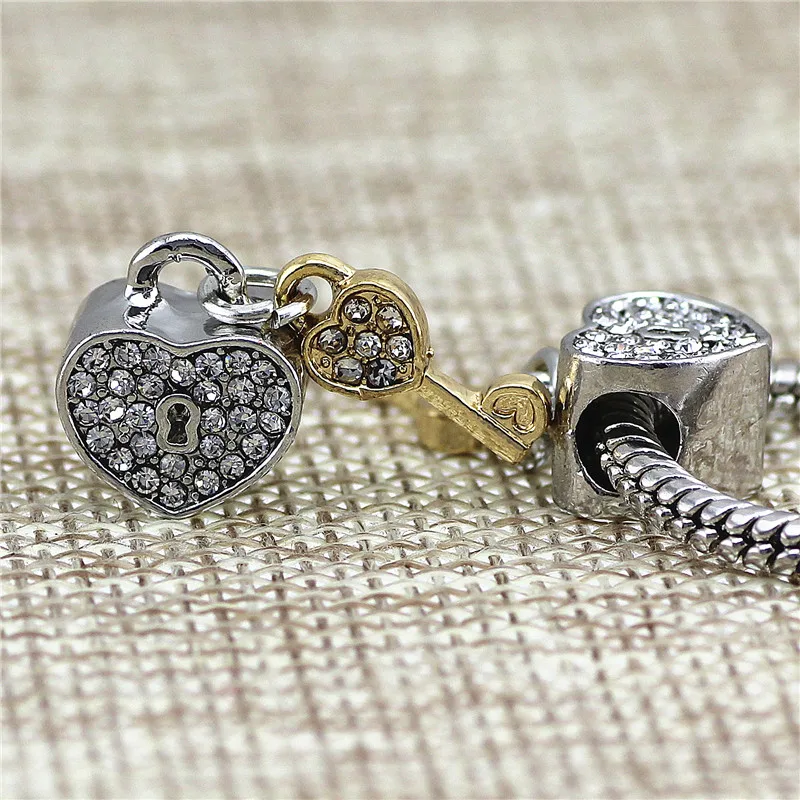 key and lock Beads Fit Pandora Charms Antique Silver cz heart lion DIY