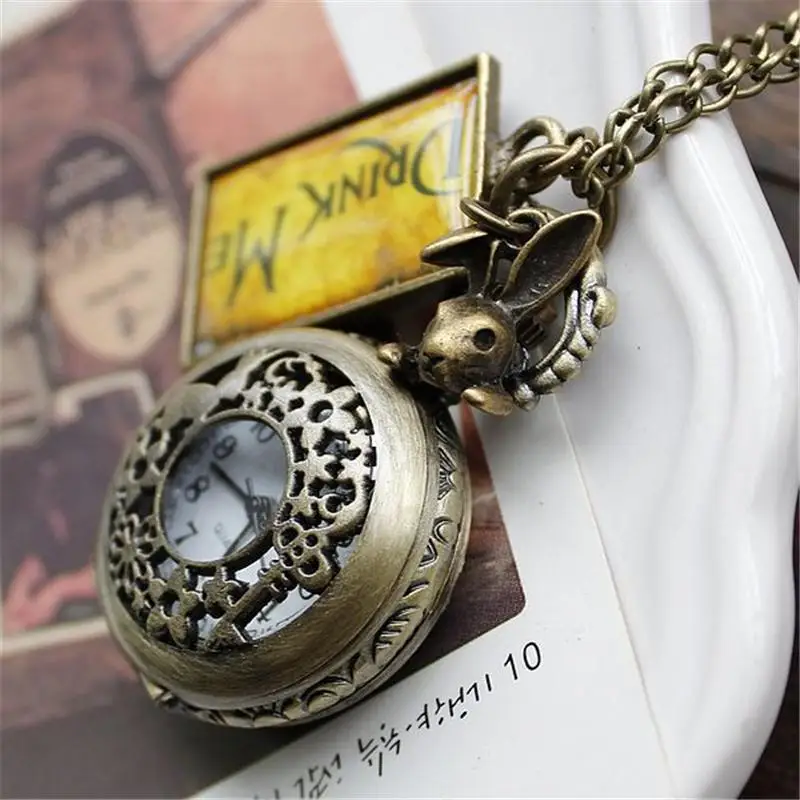 Alice In Wonderland Drink Me Pocket Watch Necklace Pendant Rabbit Flower Key Gift free shipping 5