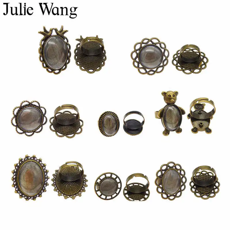 

Julie Wang 8 Sets Blank Ring Setting Base With Glass Cabochon Antique Bronze Adjustable Women Girl Rings Fashion Jewelry