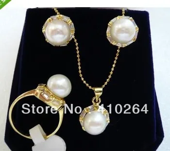 

$wholesale_jewelry_wig$ Shipping Jewellery plated GP Crystal Shell Pearl Necklace Earrings Ring Set
