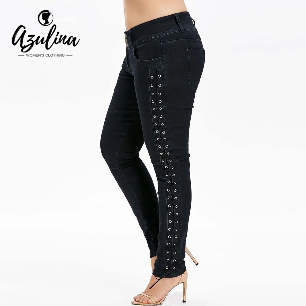 Aliexpress.com : Buy AZULINA Plus Size Sides Criss Cross Jeans Skinny Lace Up Three Buttons Five 