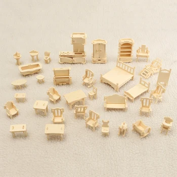 

New 34Pcs 3D DIY Wooden Miniature Dollhouse Furniture Model Children Kids Play Toys Wood DIY Crafts Arts Sewing Cute Mini House