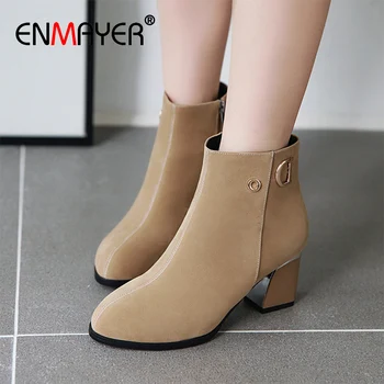 

ENMAYER Fashion Shoes 2019 Women Shoes Cow Suede Round Toe Ankle Zip Square Heel Solid Short Plush Women Boots Winter Flock High