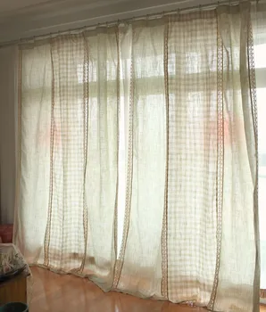 

High Quality Beige Cotton Linen Plaid Splice Lace Living Room Curtain Home Decorative Curtain