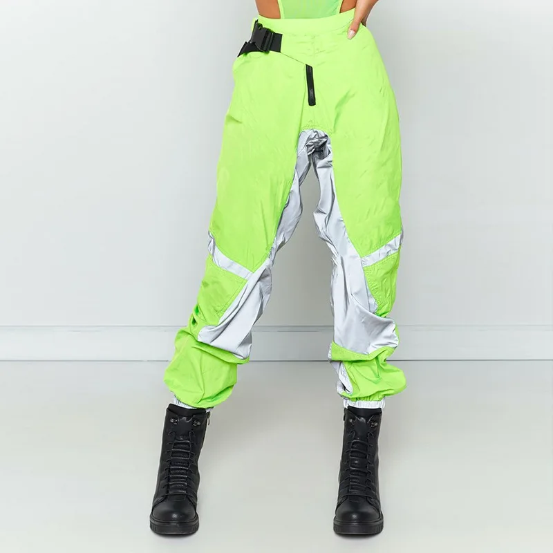 Women Loose Harem Pants Neon Green Reflective Sweatpants Hip Hop Trousers Fashion Ladies High Waist Buckle Trousers Plus Size Women Loose Harem Pants Neon Green Reflective Sweatpants Hip Hop Trousers Fashion Ladies High Waist Buckle Trousers Plus Size