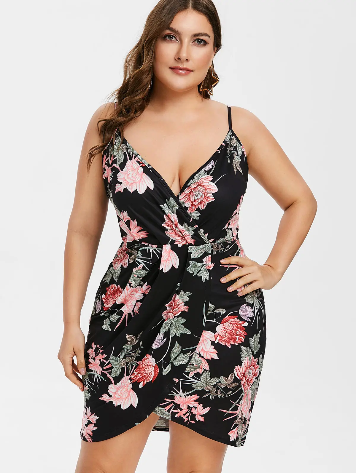 

Lortalen Plus Size Floral Print Mini Bodycon Dress Sexy Plunging Neck Spaghetti Strap Split Sundress Casual Summer Vestidos