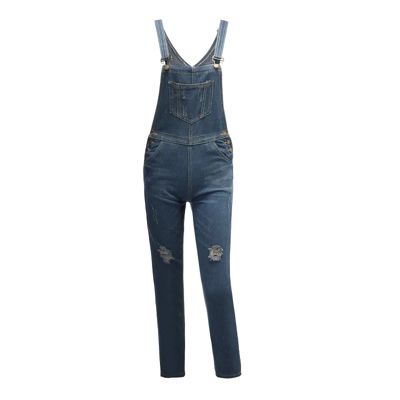 

2019 new fashion hole denim bib female commuter high street casual jeans woman high waist jeans Bib pants denim overalls