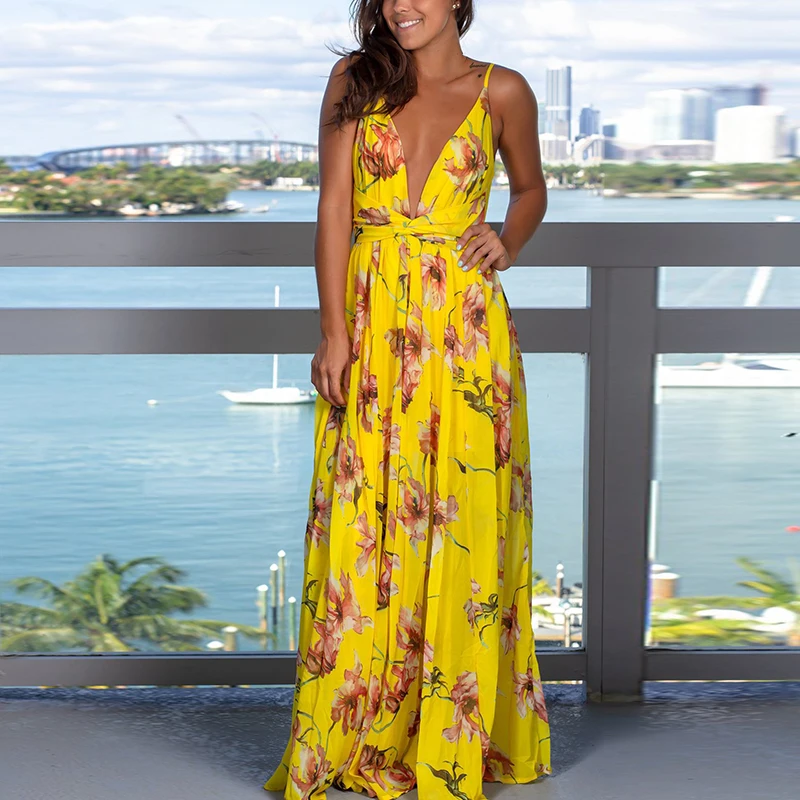 

Women V-neck Backless Sleeveless Split Boho Beach Large Swing Strap Dress