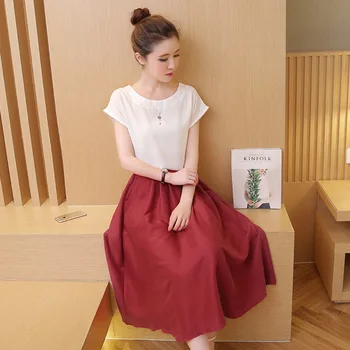 

Summer Cotton and Linen Dress Short Sleeved Two Piece Female Linen A-line Dresses Bohemian Beach Dresses Vestidos