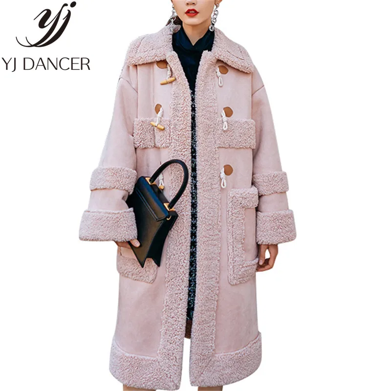 

2018 Winter Women New Thick Long Fur Coat Jacket Horn Buckle Coat Street Trend Straight Solid Color Plush Female Fur Coat YYY341