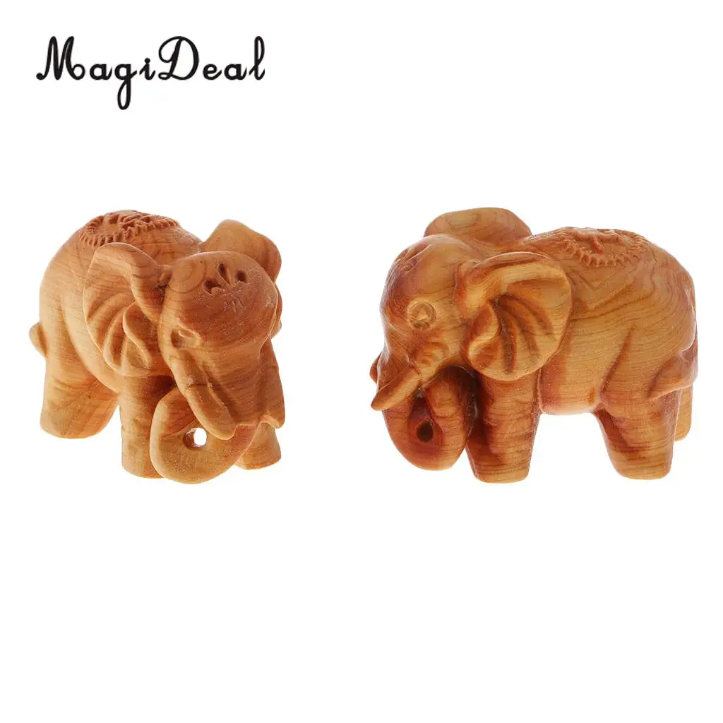 2x Miniature Wooden Elephant Statues Models for Home Garden Patio Lawn DIY Oraments