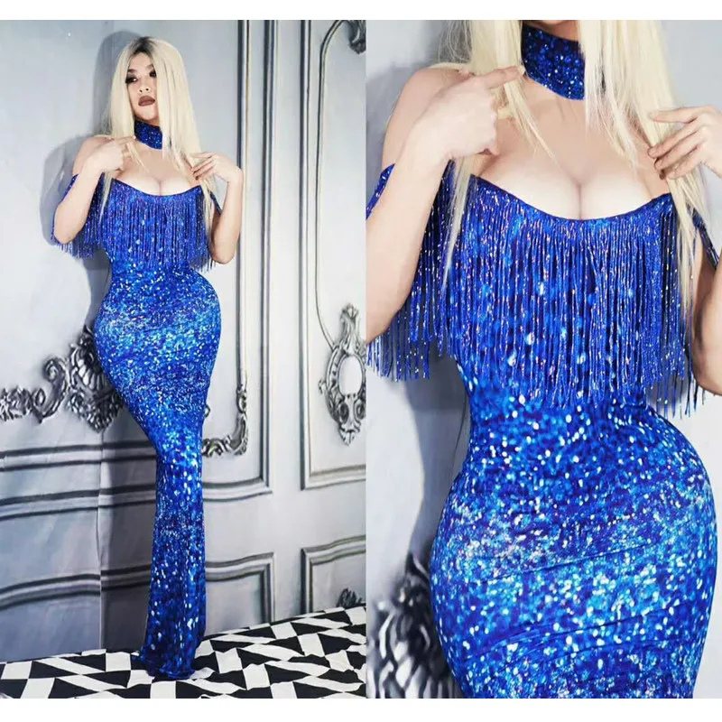 

Women Tassel Off Shoulder Party Long Dress Rhinestones Slim Dress Sexy Nightclub Singer Stage Costumes Cocktail One Piece Dress