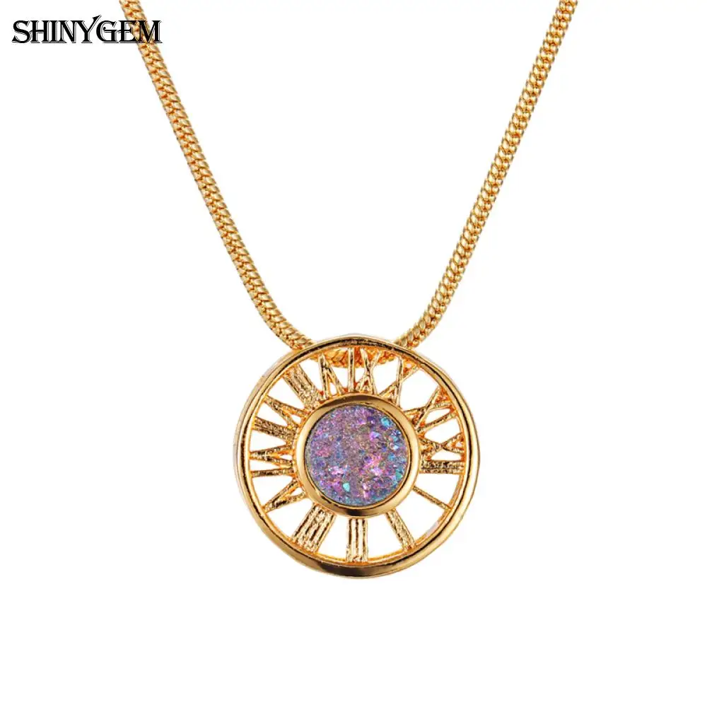 

ShinyGem Gold Wheel Pendant Necklaces Hollow Big Wheel Natural Druzy Stone Crystal Necklace Luxury Gold Chain Necklace For Women