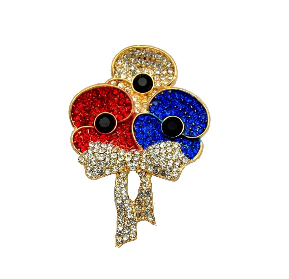 

Gold Tone Tri Enamel Poppy Brooch with Rhinestone Crystals British Badge Pins Gold Tone