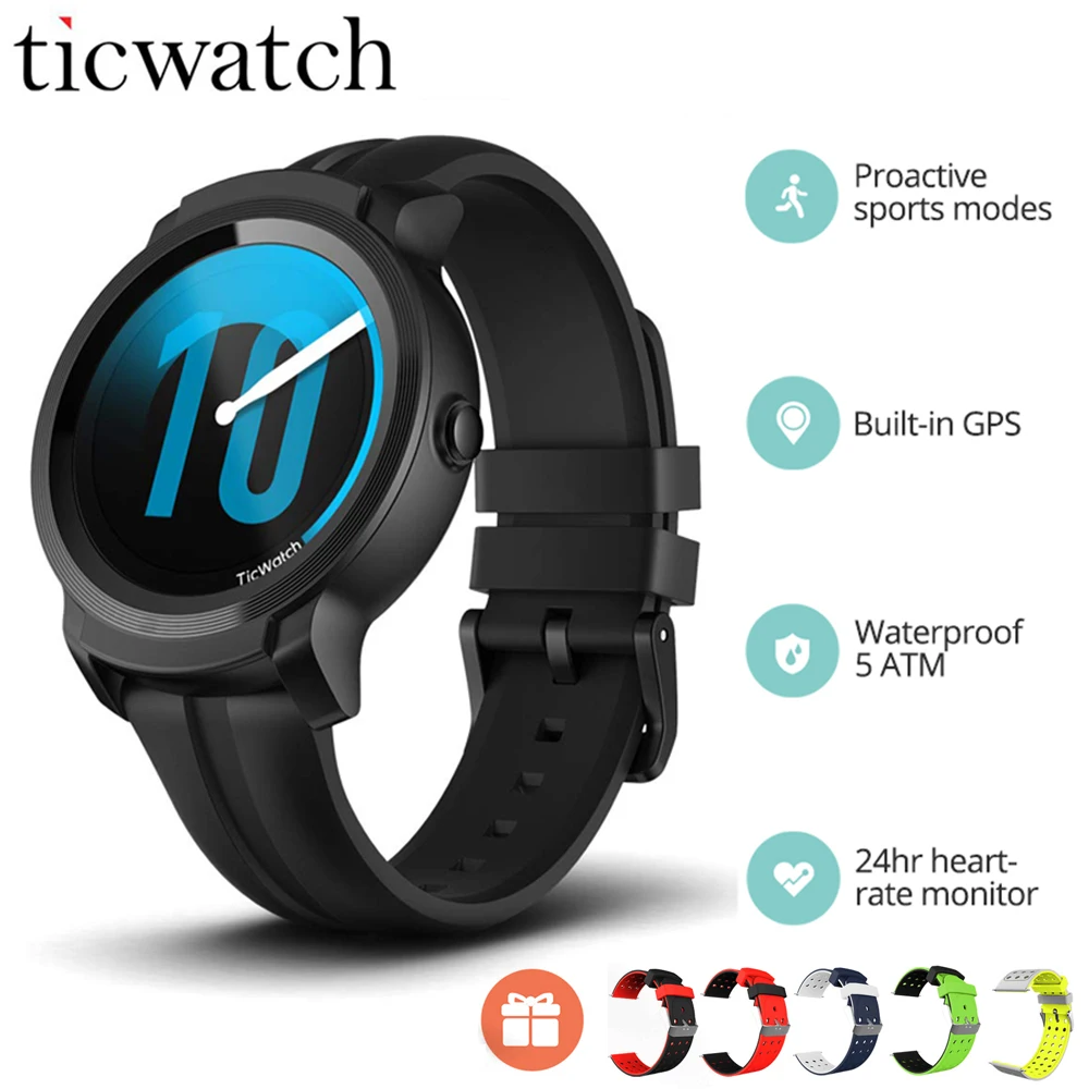 Pаспродажа Оригинальные новые Смарт часы Ticwatch E2, font b gps b font часы, Strava, одежда OS от Google 5ATM, водонепроницаемые, 24 часа, монитор сердечного ритма, умные часы для мужч...