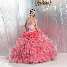 Quinceanera Платья Милая Бальное платье из Органзы Сшитое Аппликация Из Бисера Оборками Узелок Vestido Де Дебютантка Q1085