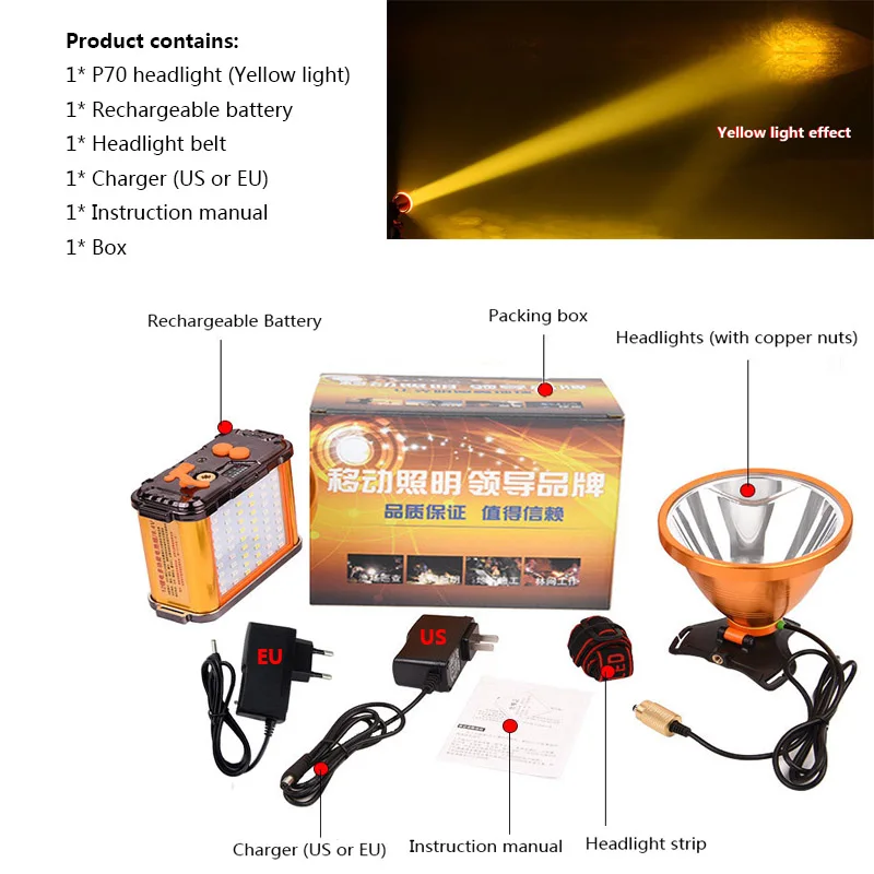 Cree xhp70.2 светодиодный налобный фонарь белый и желтый свет дополнительно Встроенный 12 литиевый аккумулятор Прямая зарядка светодиодный фонарик - Испускаемый цвет: Yellow light