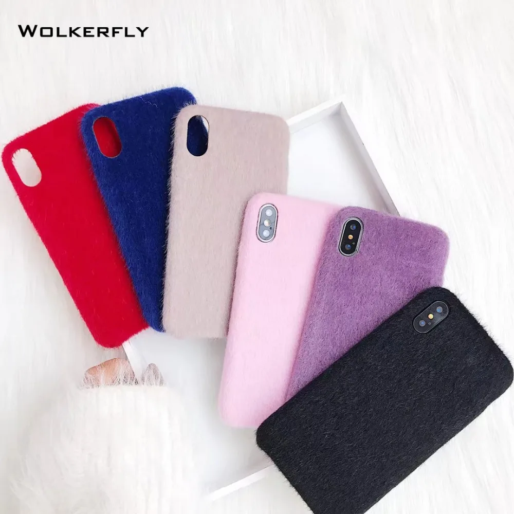 For iPhone X Case Luxury Fluffy Winter Soft Wool Rabbit Hair Back Cover