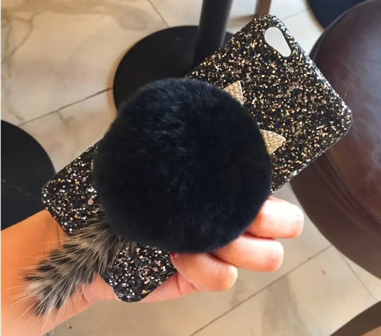 BotexBling new DIY Cute rabbit tail hair ball Glitter hard case for iphone X case 8 8plus 7 7plus 6 6s plus 6plus tassel cover