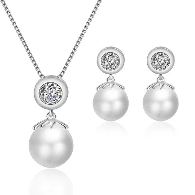 

Delicate Pearl Silver Jewelry Sets Drop Earrings Necklace Pendant With Shiny Crystal Jewelry Women Wedding Appointment Party