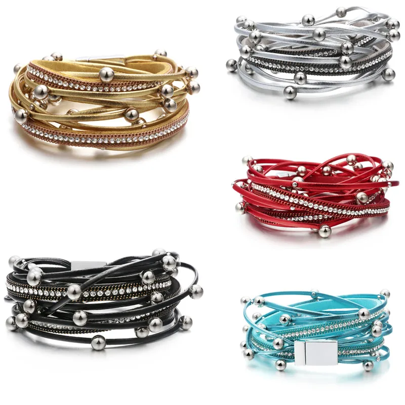 

ZOSHI Fashion Multilayer Leather Bracelets for Women Femme Crystal Metal Beads Charm Bohemian Wrap Bracelet Female Jewelry