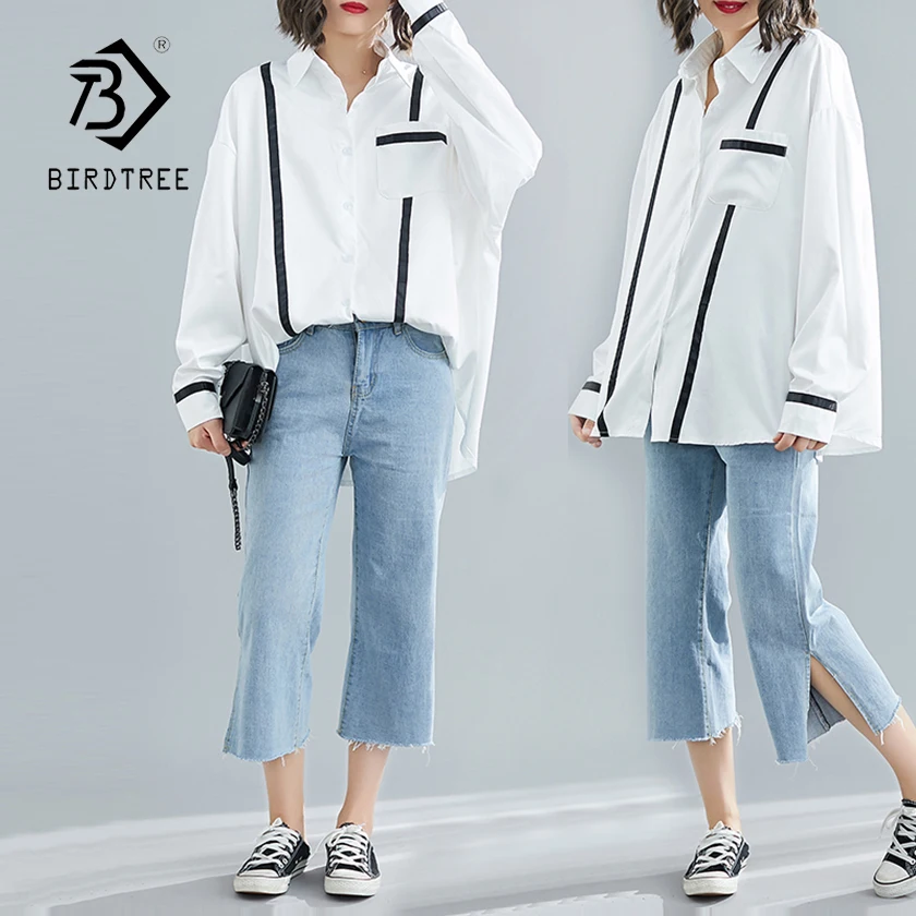 

New Arrival Women White Shirt Striped Patchwork Batwing Sleeve Cotton Long Blouse Turn Down Collar Plus Size Loose Casual Top