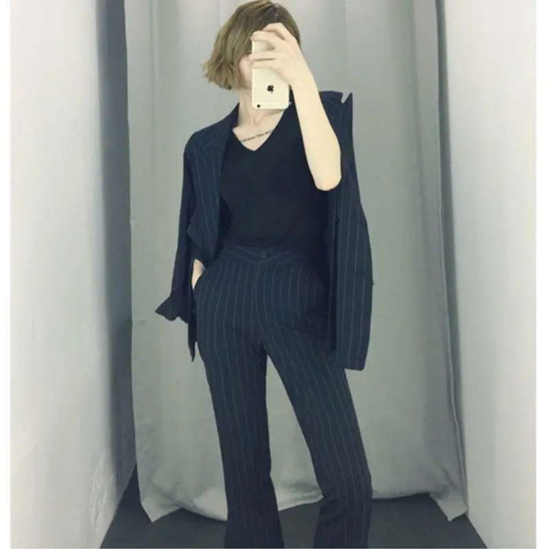 Korean Womens Stripe Black Blue Suits Casual Slim Lapel Coat Skinny Trouser Sz B9