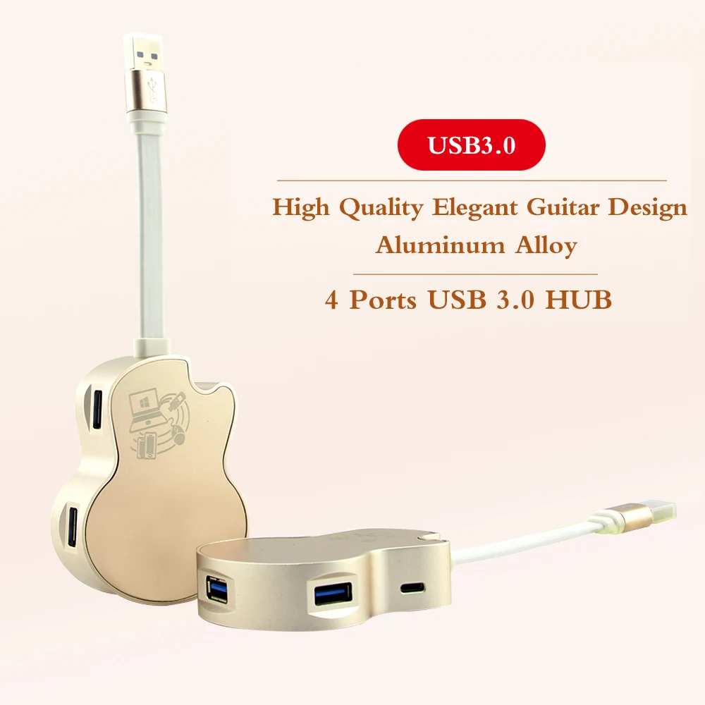 USB 3.0 Hub 4 Ports USB Splitter Micro Hub USB 3.0 Gold Guitar Chargable Hub High Speed Computer Accessories For MacBook PC 