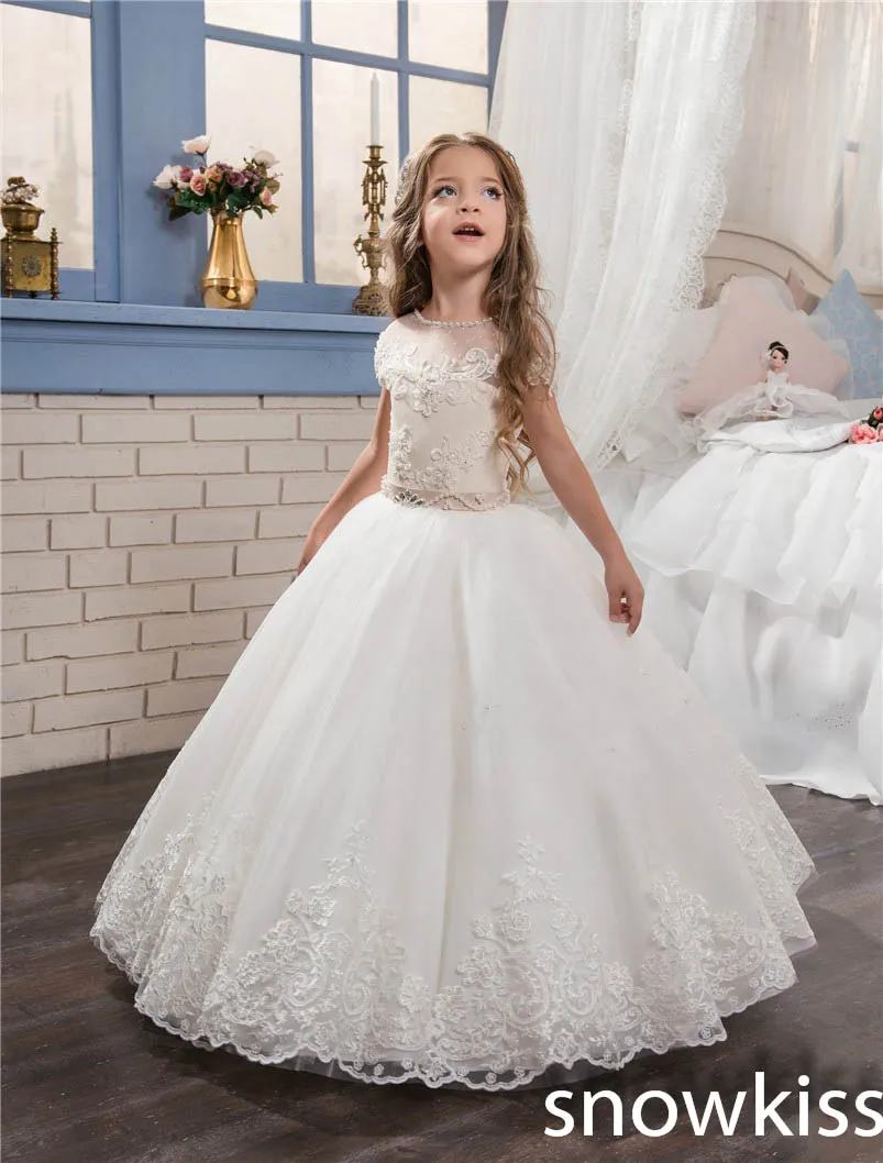 

2019 white/ivory first communion dresses for little girl with lace appliques crystals tulle ball gown kids prom dress