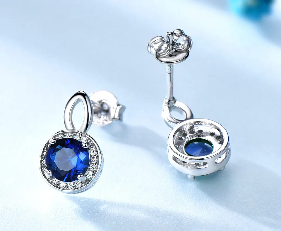 UMCHO чистое серебро 925 пробы Серьги гвоздики для женщин драгоценный камень, синий сапфир круглые серьги для женщин ювелирные украшения бренд