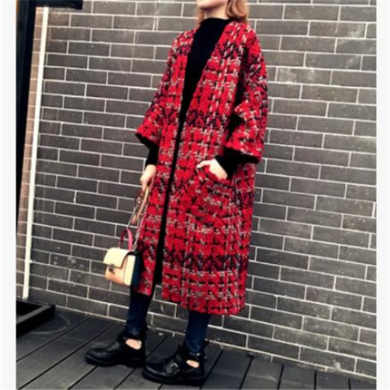 Осенняя/зимняя одежда, модное свободное Женское пальто большого размера, новая Корейская версия, имитация шерстяного пальто, темпераментное клетчатое шерстяное пальто 1