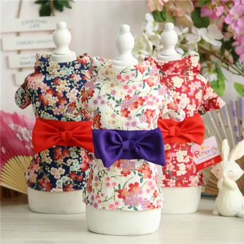

New Pet Clothing Floral Japanese Kimono Bow Tie Shirt Costume Princess Dress for Cat and Dog Clothes Best Selling Pet Supplies
