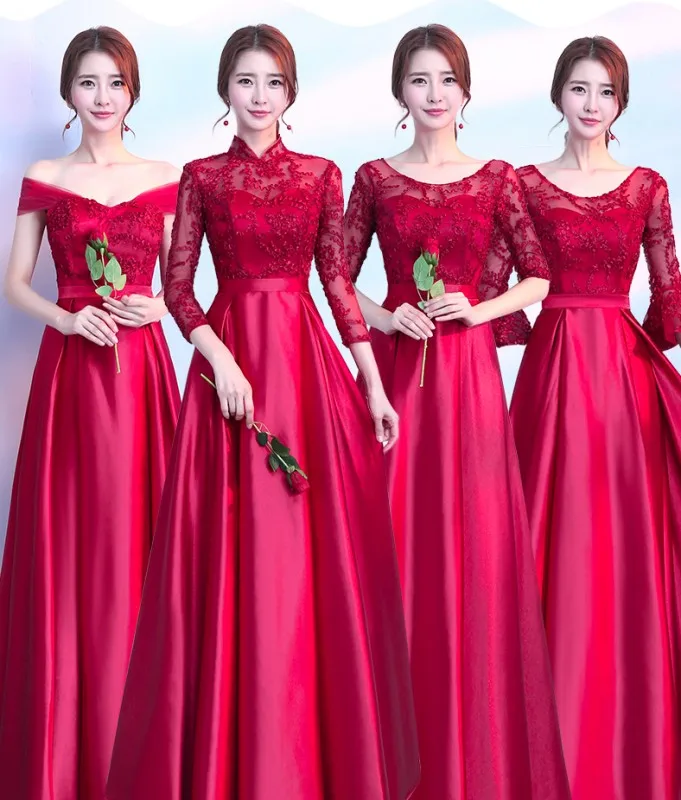 

New Red Lace Bridesmaid Dresses 2019 Long Formal Graduation Prom Party Gown Gift for Girlfriend Robe Demoiselleur