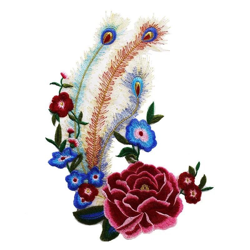 peacook feather big size applique patches embroidered badge fabric patch clothing decoration iron on stickers for clothes | Дом и сад