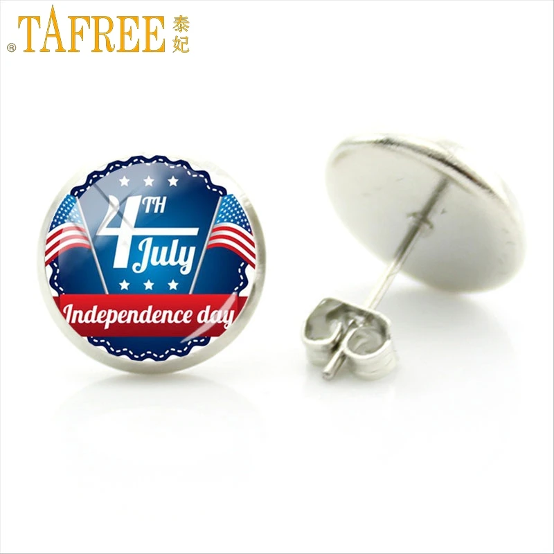 

TAFREE Personality Independence Day 4th July Stud Earrings Special Art Picture Glass Cabochon Dome Exquisite Jewelry FQ728