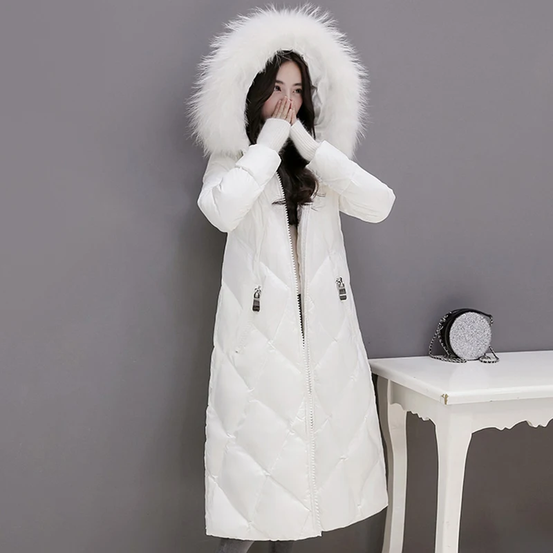 

High Quality Women parkas Autumn Winter Long Down Jacket New Korean Big Fur Collar Hooded Coats Elegant Thick Warm Women Coats