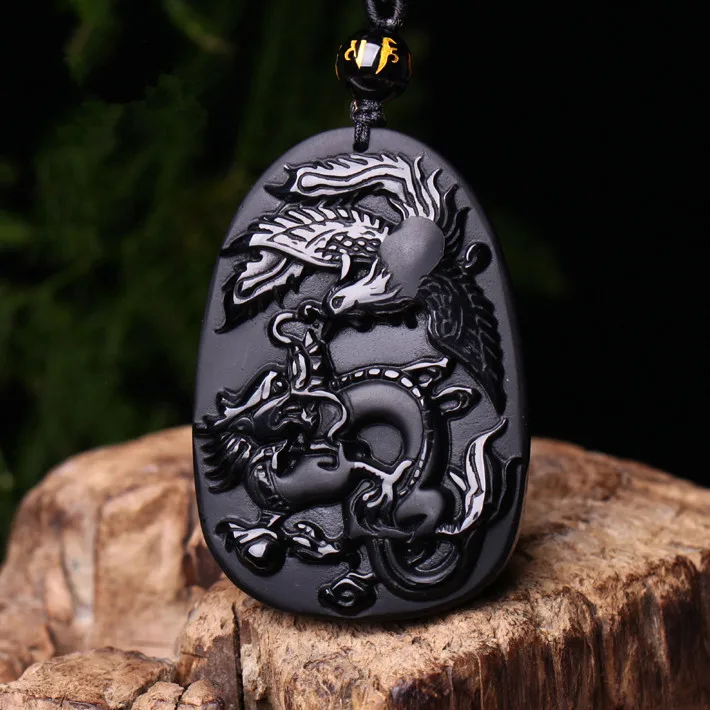 Natural Black Obsidian Pendant Hand Carved Chinese Buddha Lucky Amulet Guanyin Head Pendant Fashion Jewelry
