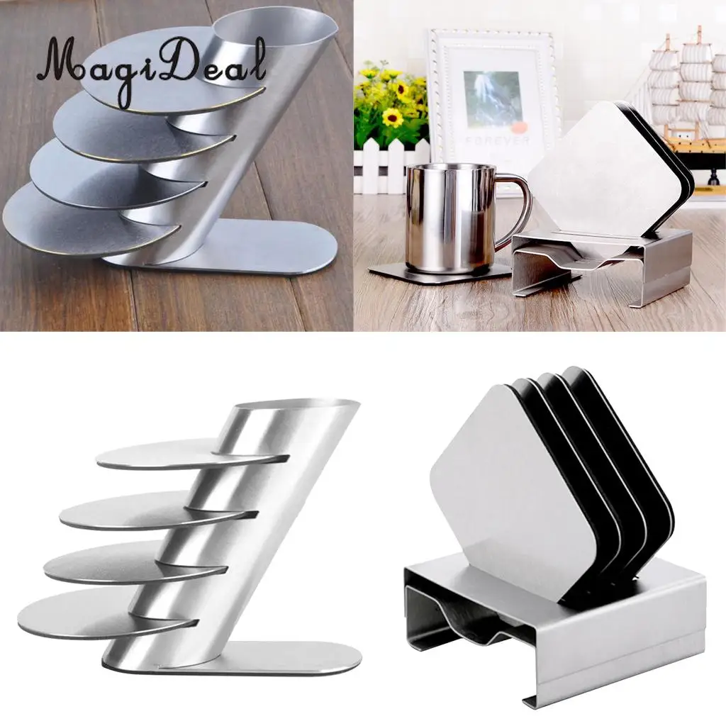 MagiDeal 4pcs/set Car Use Slice Coasters Hot Cold Drinks Cup Mat Stainless Steel - Round & Square,Anti Spills, Scratches, Damage