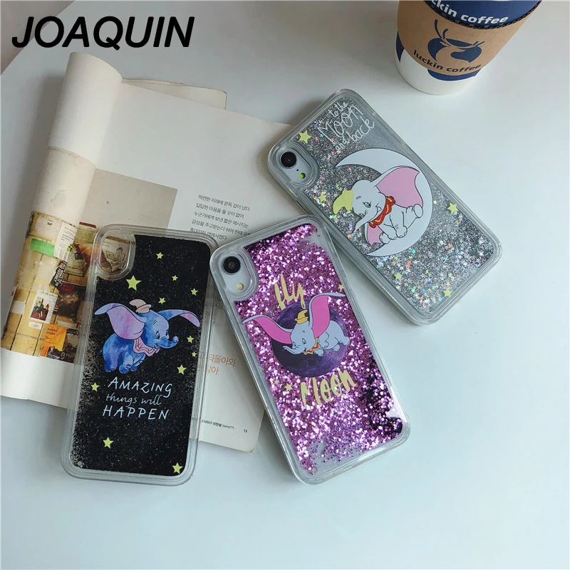 Cute cartoon quicksand glitter moon Dumbo phone case For iphone Xs MAX XR 6 6s 7 8 plus Purple sequins soft TPU back Cover Capa |