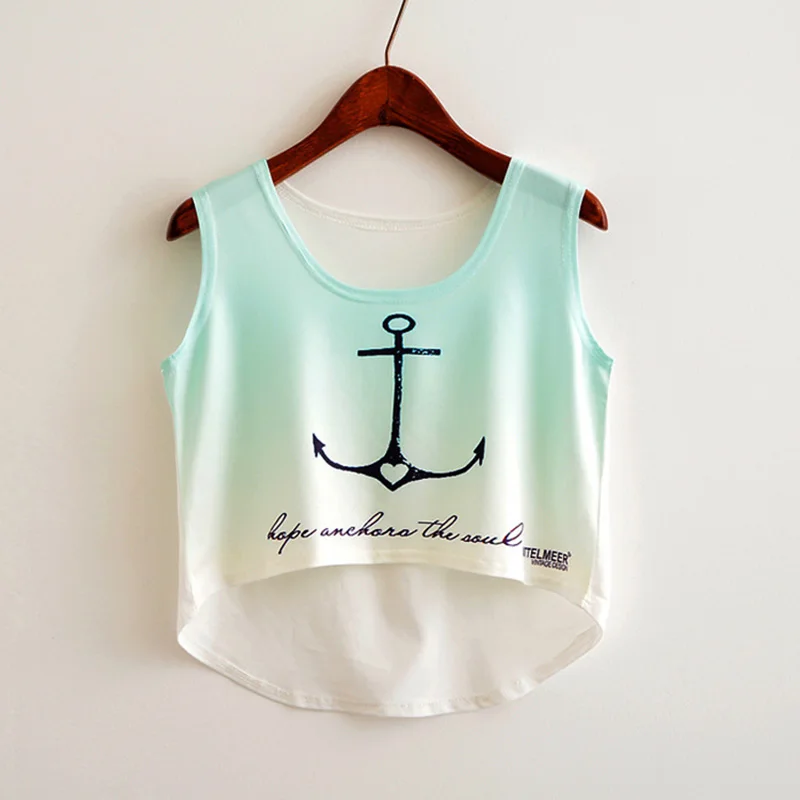 

MITTELMEER bare midriff Tank tops Women harajuk Crew Neck Top sleeveless Anchor irregular Tanks Summer tops For Ladies