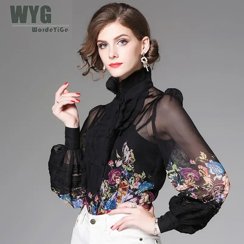 

European Style Floral Printed Chiffon Blouse 2018 New Pleated Ruffle Stand Collar See Through Long Lantern Sleeve Lady Shirt WYG