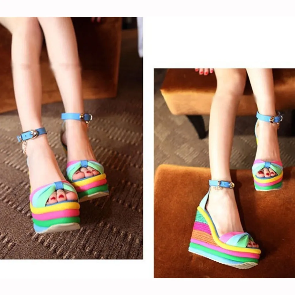 Летние очень высокий каблук Для женщин женские туфли на танкетке/высоком многоцветный лоскутный сандалии открытый носок «рюмочках»; Женская обувь в романском стиле сандали женские#629 г