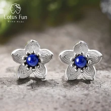 Lotus Fun Реальные Стерлингового Серебра 925 Природных Ляпис ручной работы Fine Jewelry свежий цветок Стад Серьги для женщин brincos