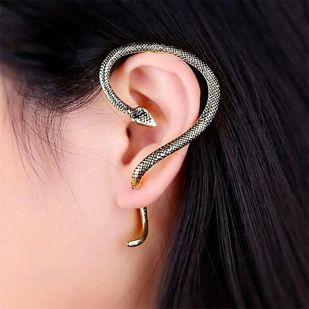 Новая мода Панк Змея клип серьги преувеличенные винтажные серебряные металлические змея ухо манжеты одна Ушная клипса серьги для женщин