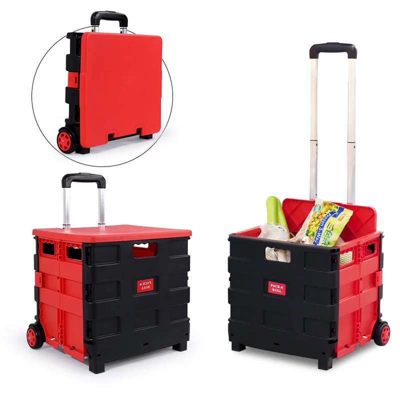 

Large Capacity Portable Shopping Cart With Wheel Aluminum Rod+Plastic Folding Shopping Cart 40L Plastic Basket Trolley